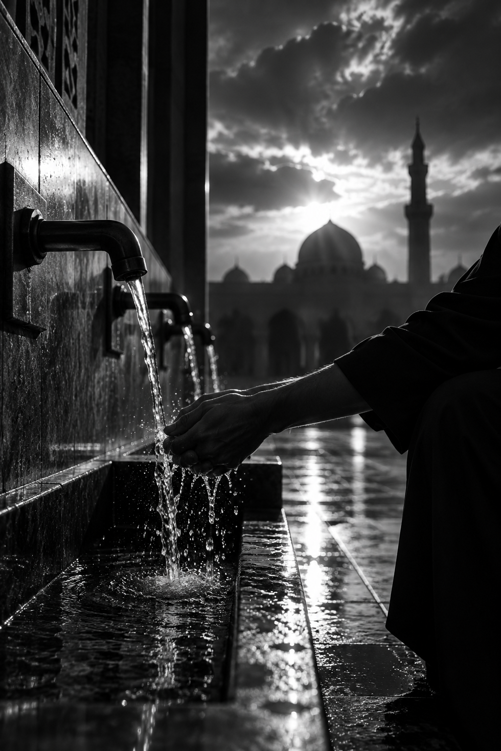 Tranquil ablution courtyard with flowing water